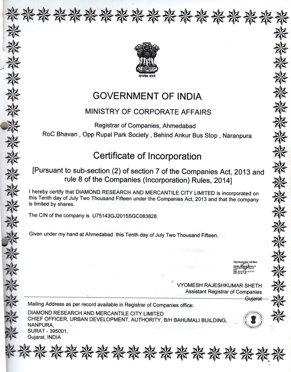 Certificate of Incorporation By Gov. of India